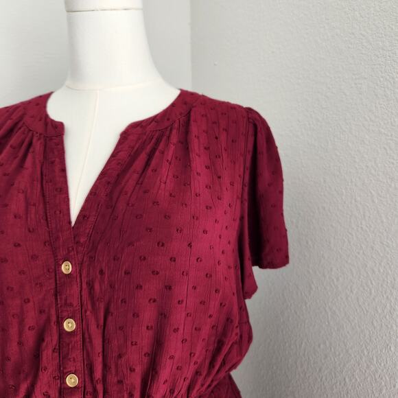 LOFT Burgundy Swiss Dot Textured Button Front Midi A-Line Dress L - Picture 4 of 11